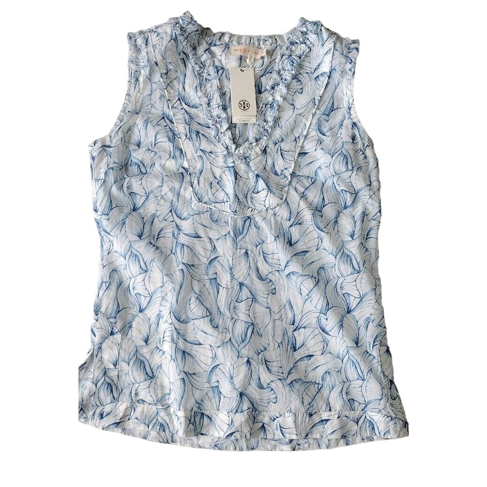 Tory Burch Womens Size S White Ellora Emmaline Shell Ruffle Sleeveless Blouse